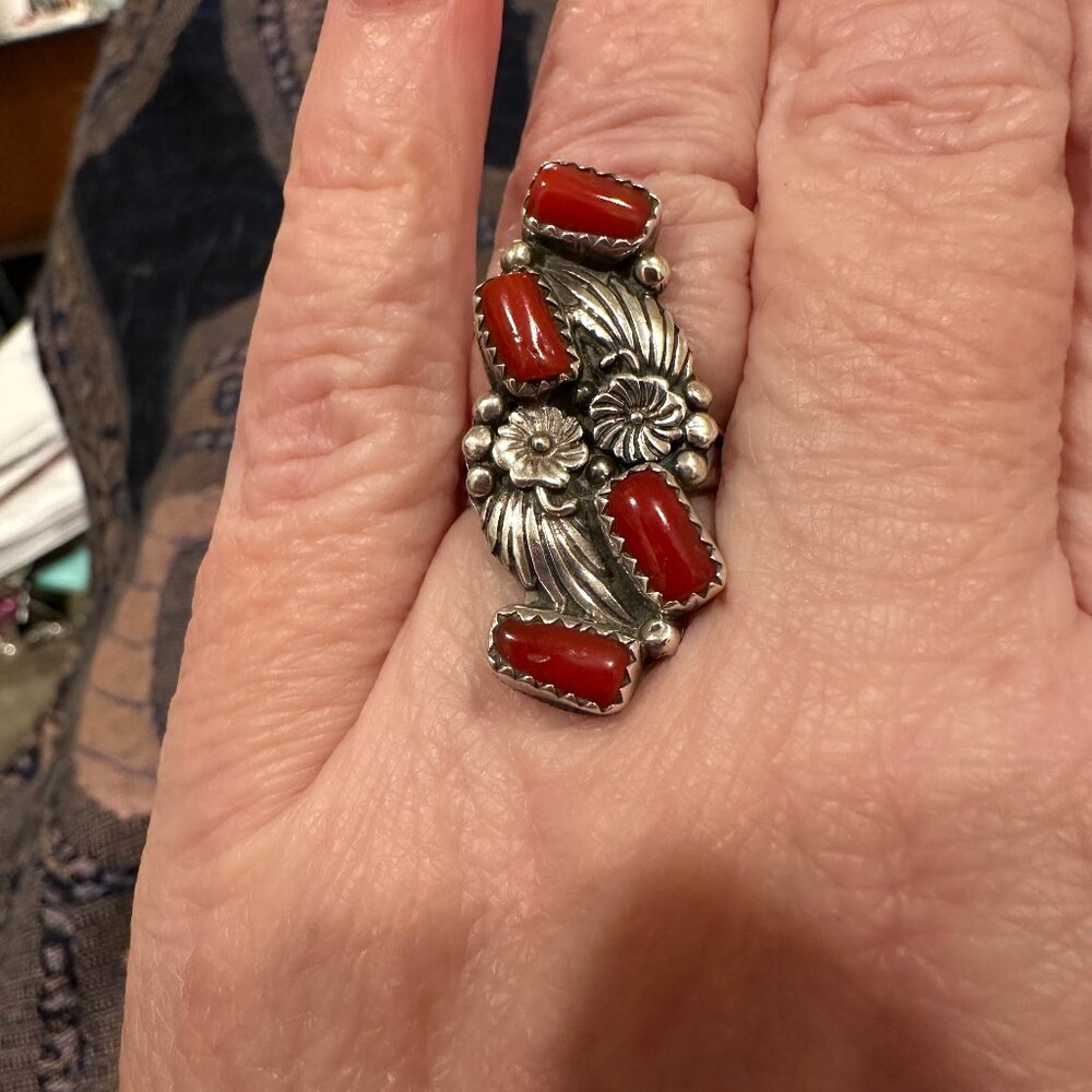 CORAL AND STERLING SILVER NATIVE AMERICAN RING NWOT